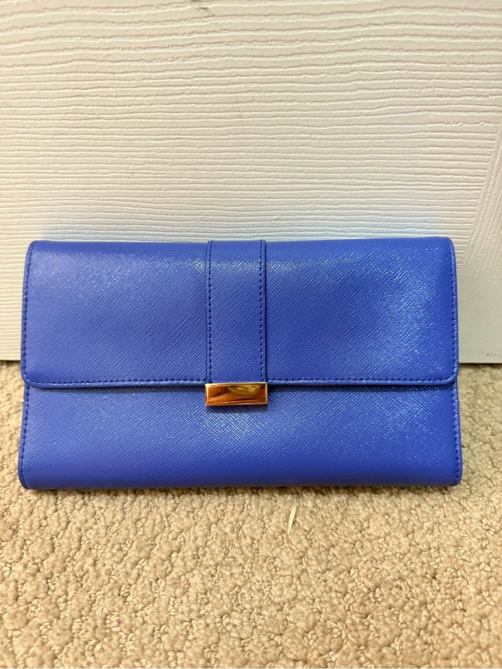 Blue Leather Envelope Clutch with Gold Accent